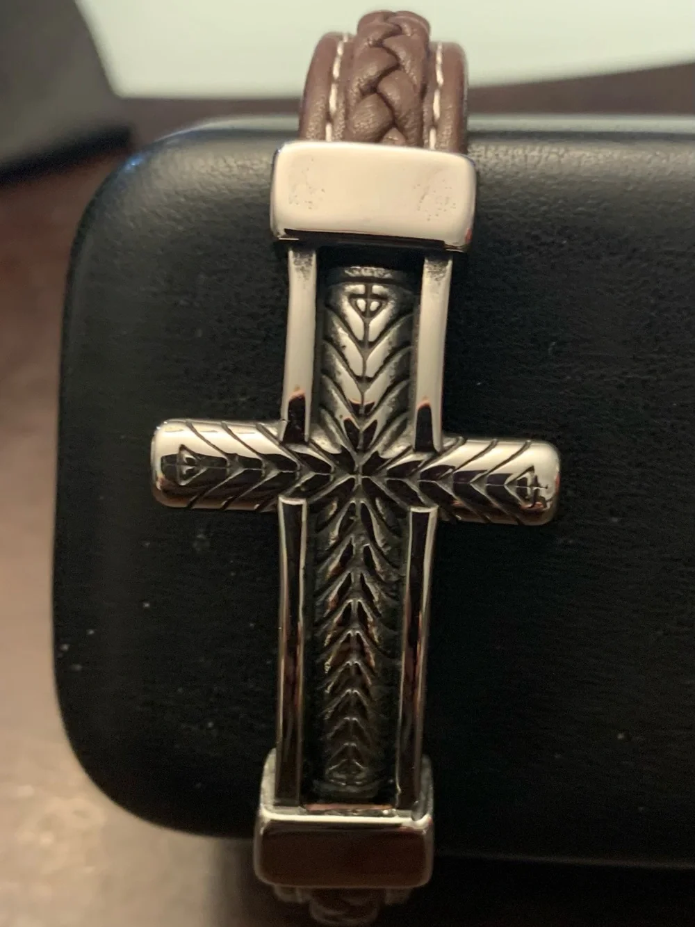Brown Leather Men's Cross Bracelet with Silver Accent